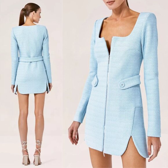Alexis‎ Elvire Tweed Mini Dress Light Blue Cotton Long Sleeve Zip Front M - Picture 2 of 9